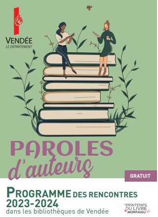 image tract paroles d'auteurs : un livre avec des feuilles qui poussent et deux personnages qui lisent